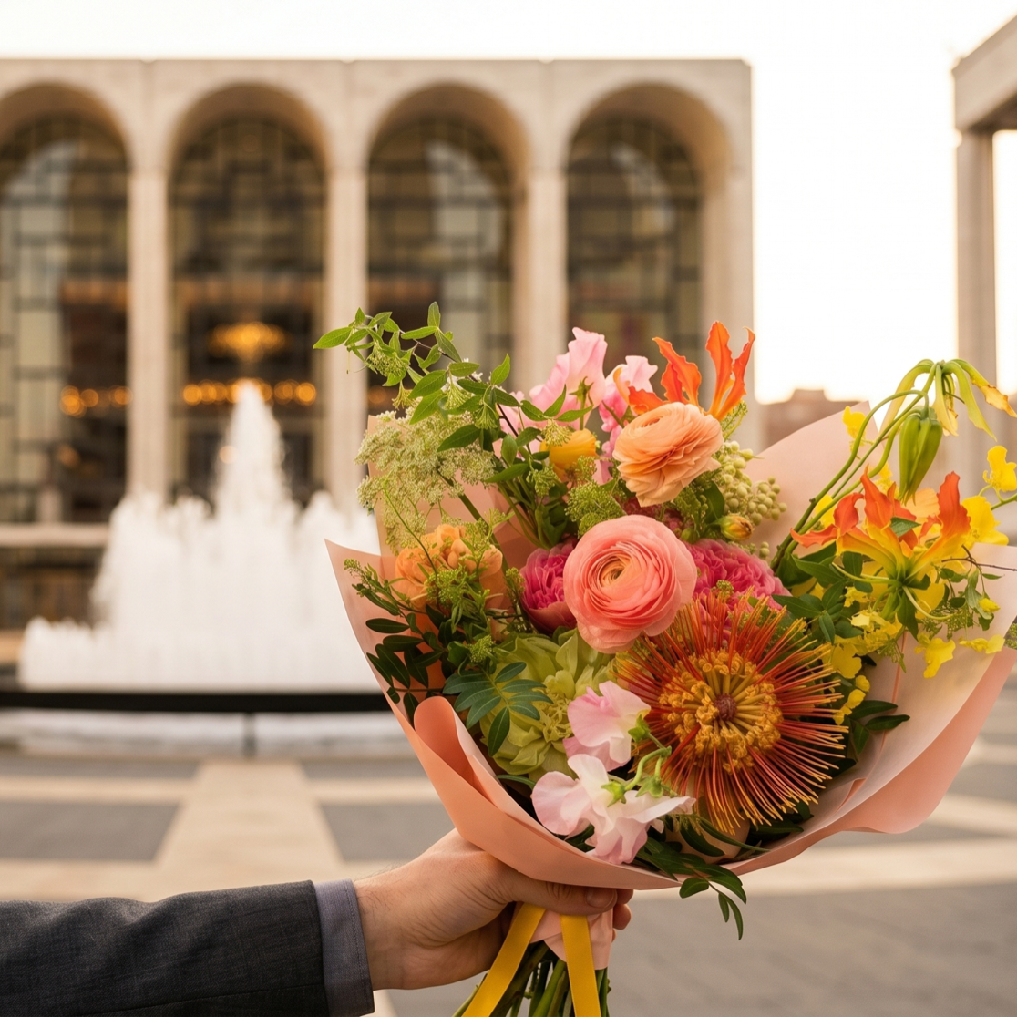 Graduation bouquet by Alaric Flower Design held in front of Lincoln Center, Manhattan