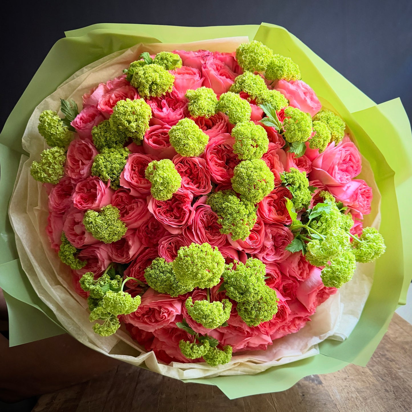 75 Garden Roses — hot pink garden roses with green viburnum in a statement bouquet — same-day delivery Manhattan, NYC