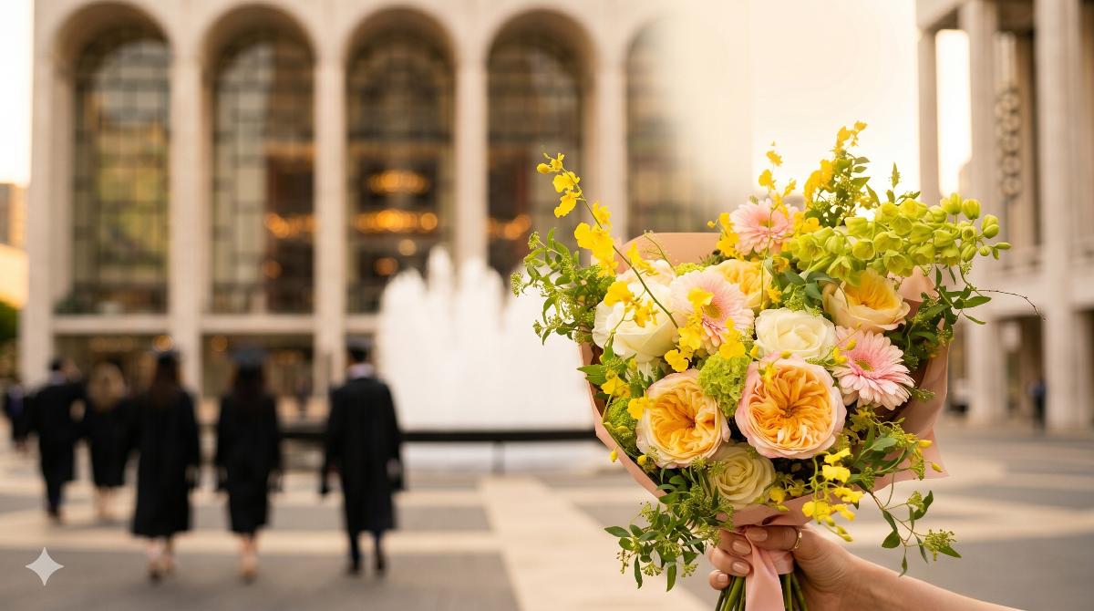 Bouquet of flowers held in front of a large building with people walking by